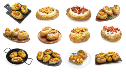 Tasty baked potatoes with stuffings isolated on white, set