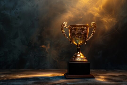 Gold cup trophy placed on pedestal with glowing light, concept of recognition, honor and reward, dark dramatic background.