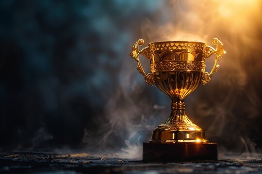 Gold cup trophy placed on pedestal with glowing light, concept of recognition, honor and reward, dark dramatic background.
