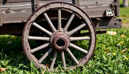A weathered wooden wagon wheel with spokes resting on grass.