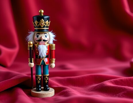 A wooden toy soldier in uniform with a red hat, standing against a dark background that highlights its details. - Powered by Adobe