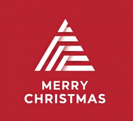 Fototapeta premium Minimalist vector logo of a Christmas tree cut from white paper with 3D relief effect, on solid red background with “Merry Christmas” text. Ideal for holiday cards, branding, ads, and festive design.