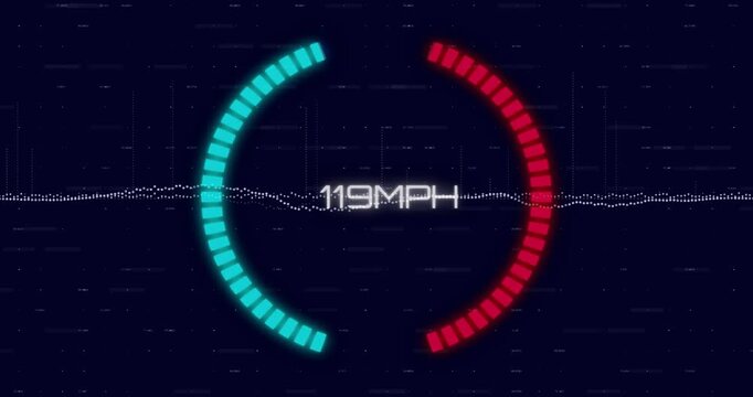 Waveform pulsing starting gauge lighting colored arcs and updating speed readout for speed tracking
