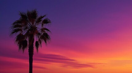 Solitary palm tree silhouette against vibrant magenta gold purple sunset, modern minimalist wall art, luxury hotel decor, travel magazine cover