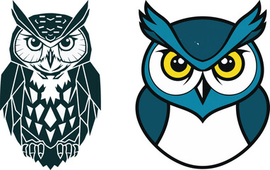 Two Stylized Owl Illustrations: Geometric and Cartoon Styles