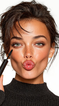 Closeup portrait of a woman applying makeup, lips puckered in a playful pout, showcasing glossy lipstick and precise eyeliner in a studio setting.