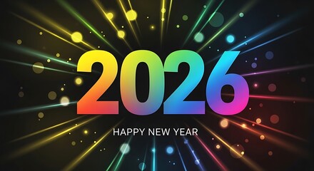 Happy new year 2026 text with colorful light streaks and bokeh effects on a dark background