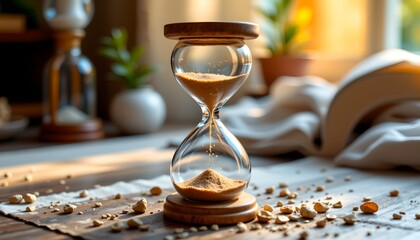 An hourglass sits prominently on a table, its sand flowing slowly from top to bottom, while coffee beans are scattered around it