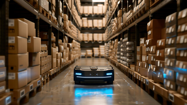 Autonomous robot navigating through a warehouse aisle filled with stacked boxes and shelves