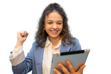 Businesswoman expressing excitement while looking at her digital tablet, celebrating a recent achievement, isolated on transparent background