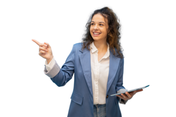 Confident business professional pointing forward, gesturing with tablet in hand against transparent backdrop