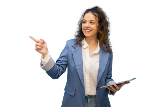 Confident business professional pointing forward, gesturing with tablet in hand against transparent backdrop