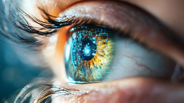 A close up of a human eye with digital circuit patterns reflected in the iris and pupil area