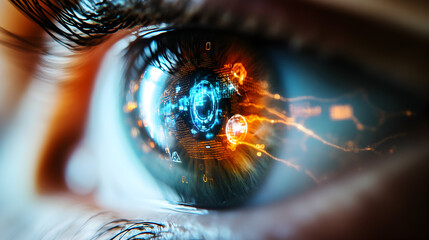 A close up of an eye with digital elements and light streaks reflecting in the iris and pupil area
