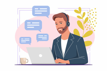 A focused professional man with a headset is working diligently on his laptop, illustrating remote work and modern communication in a vibrant workspace.