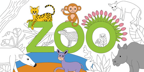 An engaging coloring page filled with playful zoo animals like leopards and monkeys, perfect for children to explore their creativity while learning about wildlife.