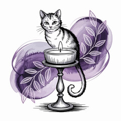 A playful striped cat sits on a decorative candleholder, accentuated by a gentle purple watercolor backdrop, emphasizing calm and whimsical feelings of companionship.