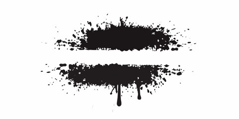 Abstract black ink splatters and drips forming horizontal brush strokes on a white background