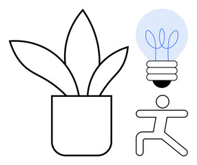 Potted plant with broad leaves, lightbulb with leaf filaments, and yoga pose figure. Ideal for mindfulness, health, sustainability, innovation, creativity personal growth balance. Simple flat
