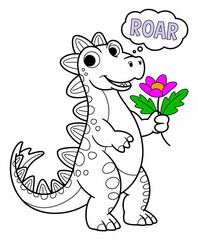 A delightful drawing of a friendly dinosaur holding a vibrant flower while exclaiming 'ROAR!', capturing the fun and adventurous spirit of childhood in a colorful style.