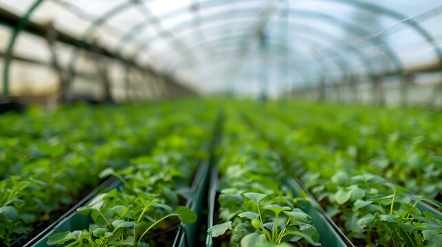 Rows of leafy green plants growing in a greenhouse with structured planting beds and arched transparent roof