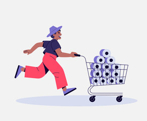 The vibrant image features a charismatic character gleefully pushing a shopping cart full of toilet paper rolls, showcasing enthusiasm and the joy of shopping for essentials.