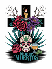 Featuring a beautifully designed skull against a cross backdrop, adorned with roses and surrounded by a drink, this piece captures the spirit of celebration at Día de los Muertos.