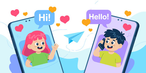 A cheerful illustration of two friends engaging in lively conversation through their phones, celebrating the joy of virtual connections and modern friendships.