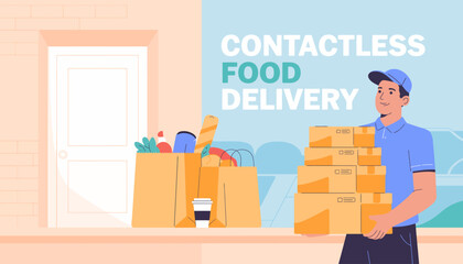 A food delivery person is shown bringing groceries to a customer in a contactless manner, emphasizing safety and convenience in today's shopping environment.