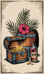 This dynamic artwork showcases a gleaming treasure chest filled with coins, a bottle of rum, and a bright flower, all set against a backdrop of lush greenery.