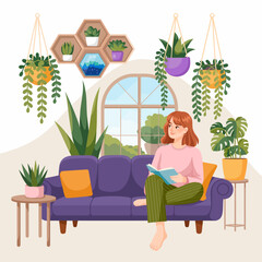 This inviting image features a reading nook filled with hanging plants, creating a peaceful environment perfect for relaxation, study, or leisure time with books.