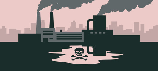 This illustration shows a stark landscape of factories, belching smoke above dark waters that bear a skull symbol, highlighting concerns about environmental damage.