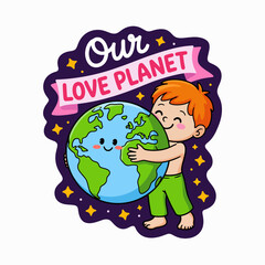 A bright and cheerful design featuring a child embracing the planet happily, symbolizing love for Earth and the joy of a healthy environment for future generations.