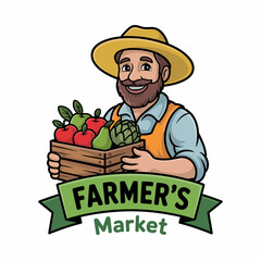 A happy farmer holding a crate of fresh produce at a market, emphasizing the connection between local farming and community wellness through vibrant agricultural offerings.