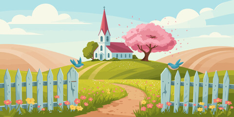 A serene church scene with a vibrant tree, blooming flowers, and two cheerful birds, showcasing the beauty of nature harmoniously blending with architectural serenity.