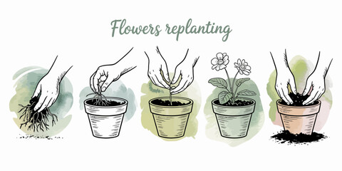 This illustration shows the step-by-step guide to replanting flowers, emphasizing the proper techniques for growth and transplanting of potted plants.