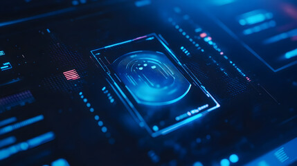 A futuristic interface showing a fingerprint scan on a dark blue background with bright blue accents