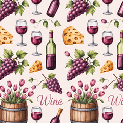 A vibrant and appealing pattern filled with wine bottles, glasses, grapes, and cheese imagery, ideal for conveying a relaxed social lifestyle or theme.