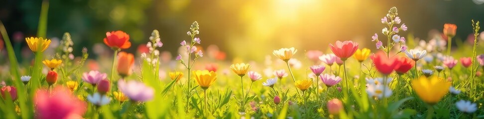 Vibrant wildflowers in full bloom, bathed in the warm sunlight of springtime A lush meadow scene bursting with color and new life, perfect for spring themes , blue, buttercup
