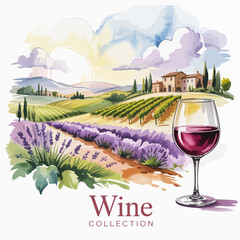 A gorgeous wine glass set in nature, surrounded by lush vineyards and lavender, perfectly illustrating the beauty and tranquility of wine enjoyment.