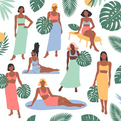 A vibrant illustration showcasing diverse women in summer outfits surrounded by tropical elements, capturing the essence of summer fashion and relaxation.