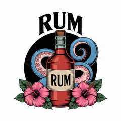 This image showcases a rum bottle surrounded by beautifully illustrated octopus tentacles and hibiscus flowers, evoking a sense of tropical bliss and creative spirit.
