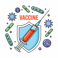 An illustration showcasing a syringe filled with vaccine, surrounded by various microbes, emphasizing the protective aspect of vaccines against diseases and infections.