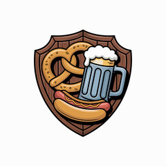 This delightful illustration showcases a tantalizing beer mug alongside a tasty pretzel and hot dog, all framed in a rustic wooden shield, ideal for food and drink themes.