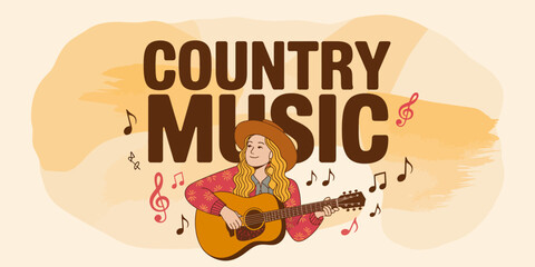 This vibrant image illustrates a joyful musician playing acoustic guitar while performing country music, surrounded by musical notes and artistic elements.
