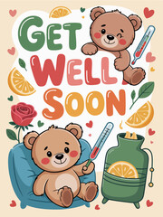 This delightful image showcases two playful teddy bears sitting comfortably, with playful elements and bright colors, enhancing the get well soon sentiment beautifully.