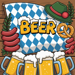 This colorful image conveys the spirit of Oktoberfest featuring beer mugs, pretzels, and sausage amidst a checkered backdrop, capturing the essence of German festivities and culture.