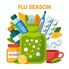 A creative depiction of health items against seasonal flu, showcasing herbal ingredients and home remedies, emphasizing care and comfort during cold months for wellness.