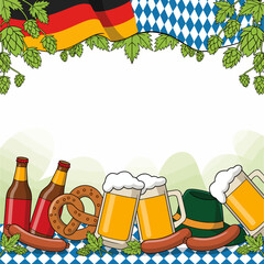 This lively illustration shows classic beer mugs, sausages, and pretzels, embodying the essence of German culture and the joyful atmosphere found at Oktoberfest.