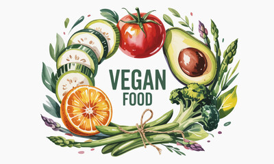 An artistic and colorful arrangement of assorted fresh vegan ingredients, emphasizing the appeal of plant-based meals and healthy, eco-conscious choices.